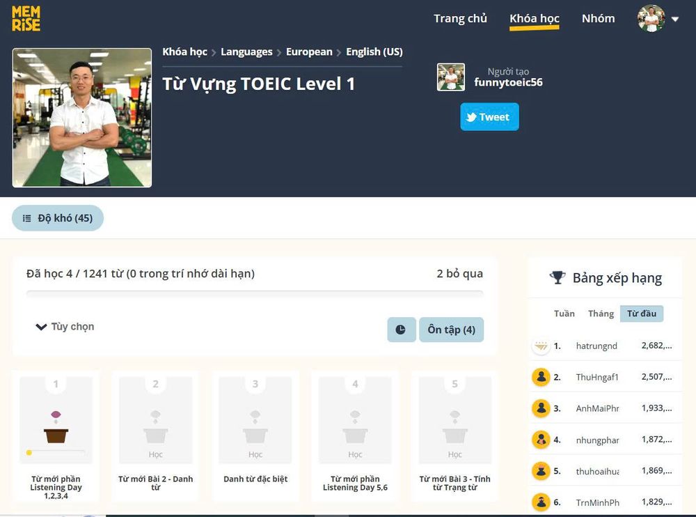 Khóa học Từ Vựng TOEIC Level 1 - 1241 từ trên nền tảng học riêng