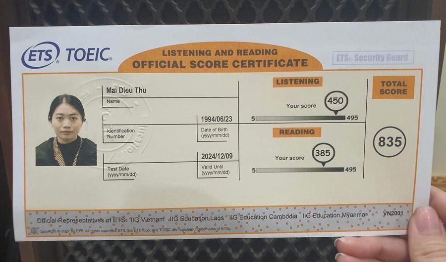 Bảng điểm TOEIC 835 - Mai Dieu Thu