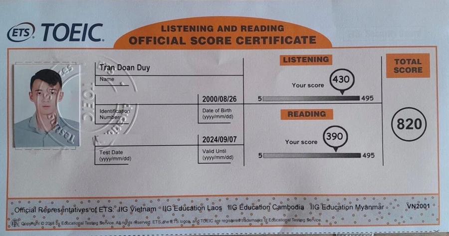 Bảng điểm TOEIC 820 - Tran Doan Duy
