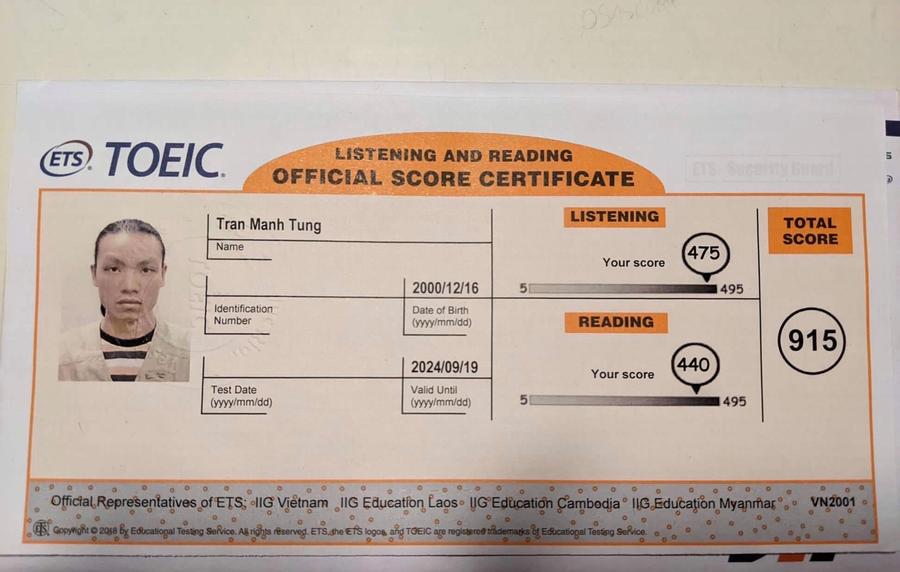 Bảng điểm TOEIC 915 - Tran Manh Tung