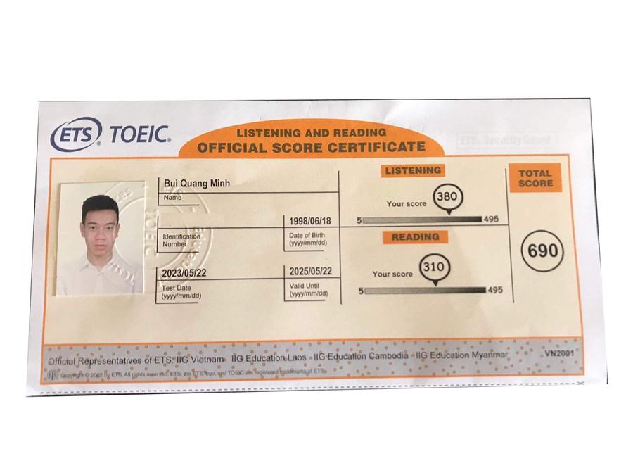 Bảng điểm TOEIC 690 - Bui Quang Minh