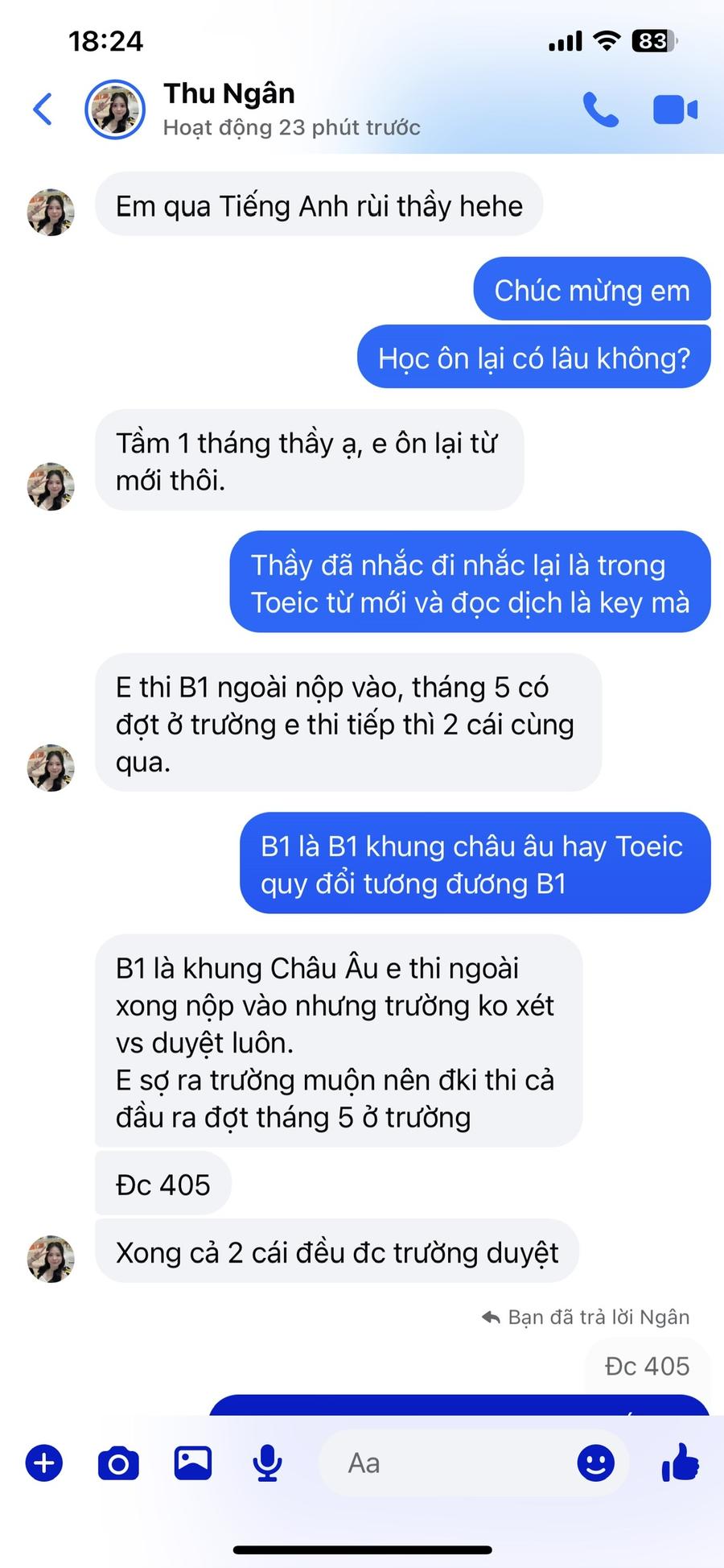 Học viên Thu Ngân đạt 405 điểm, qua chuẩn đầu ra