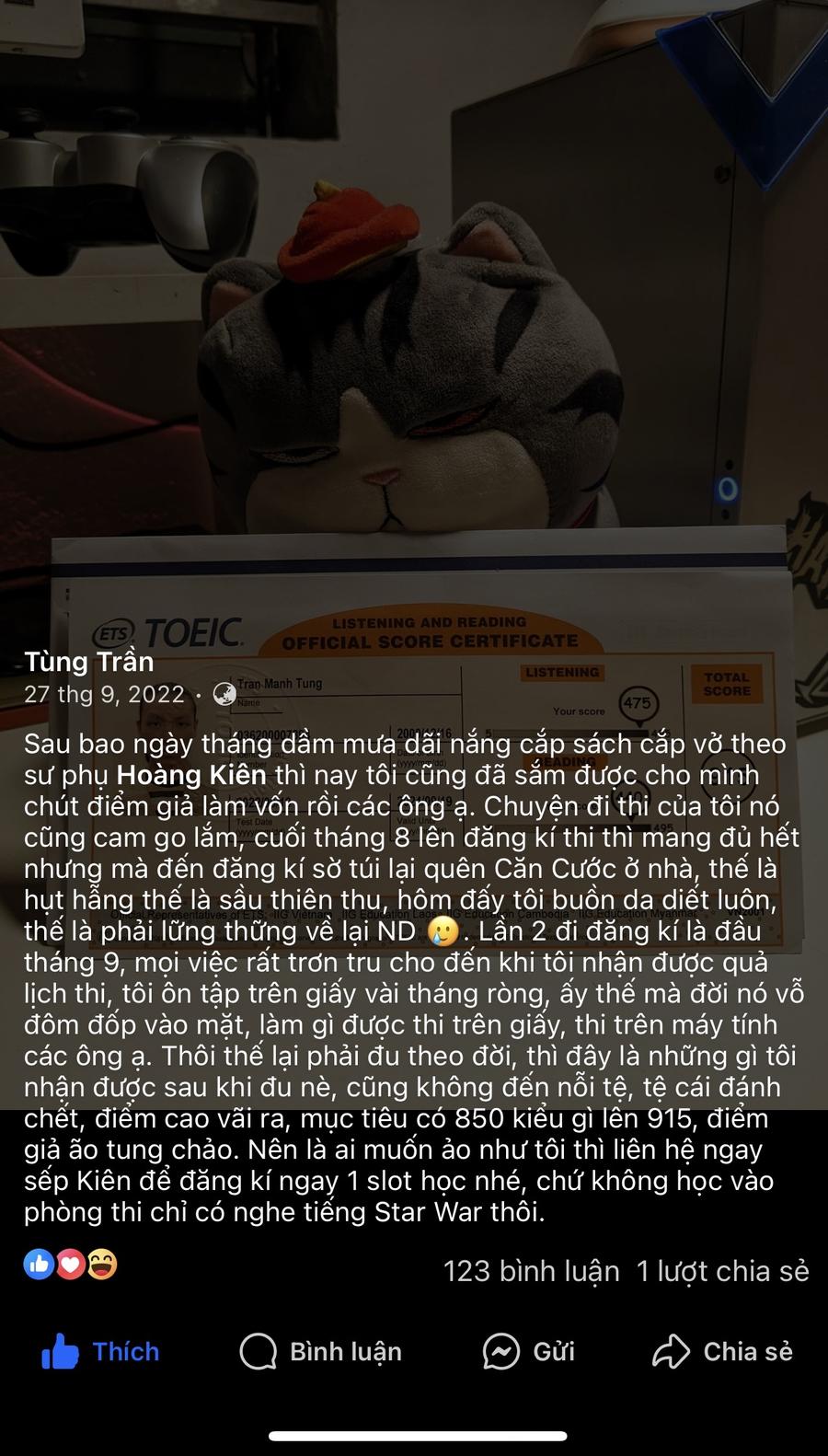 Bài đăng Facebook học viên Tùng Trần cảm ơn thầy Kiên